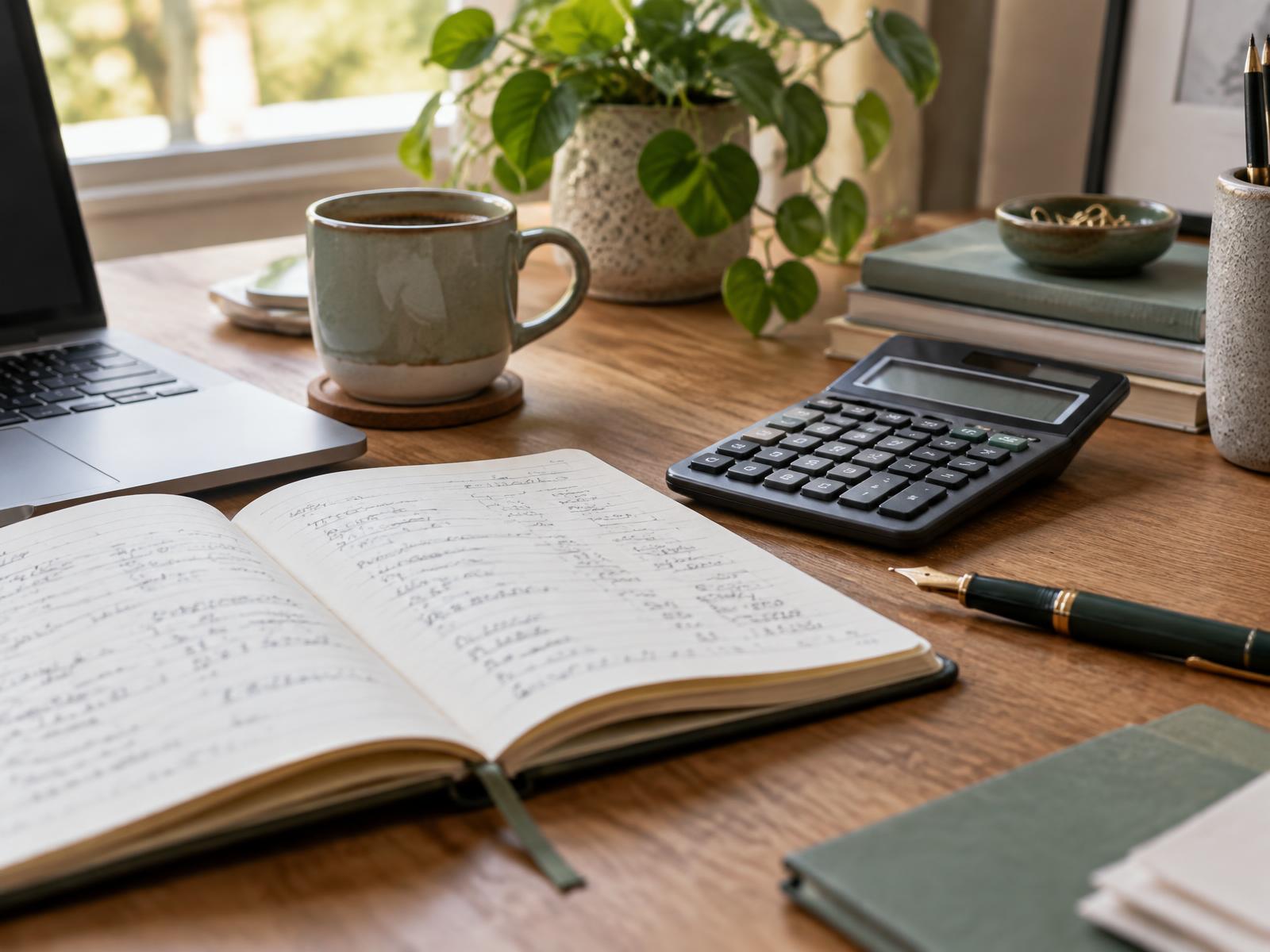 A notebook, calculator and laptop on an accountant's desk