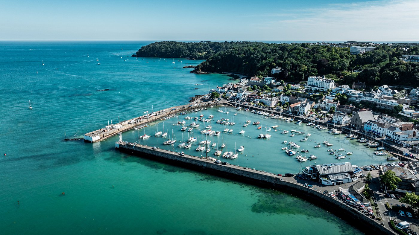 Aerial view of a harbour on the Jersey coast
